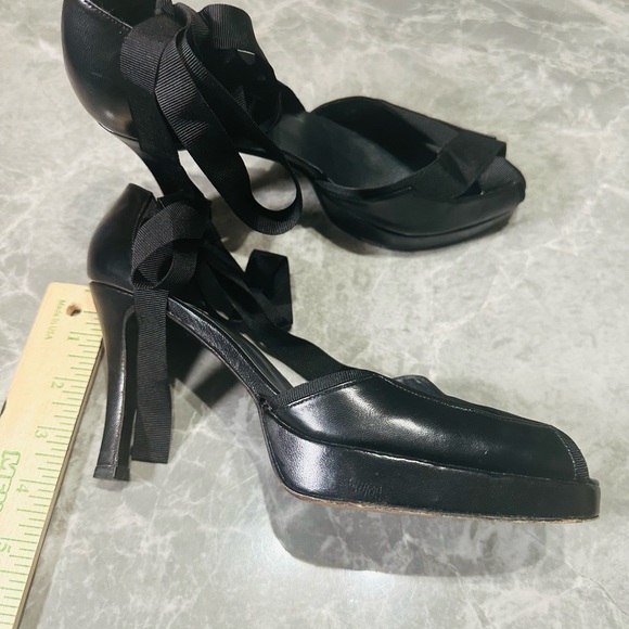 Stuart Weitzman Black Leather Peep-Toe Strappy Lace-Up Heels, Size 8B - Picture 4 of 9